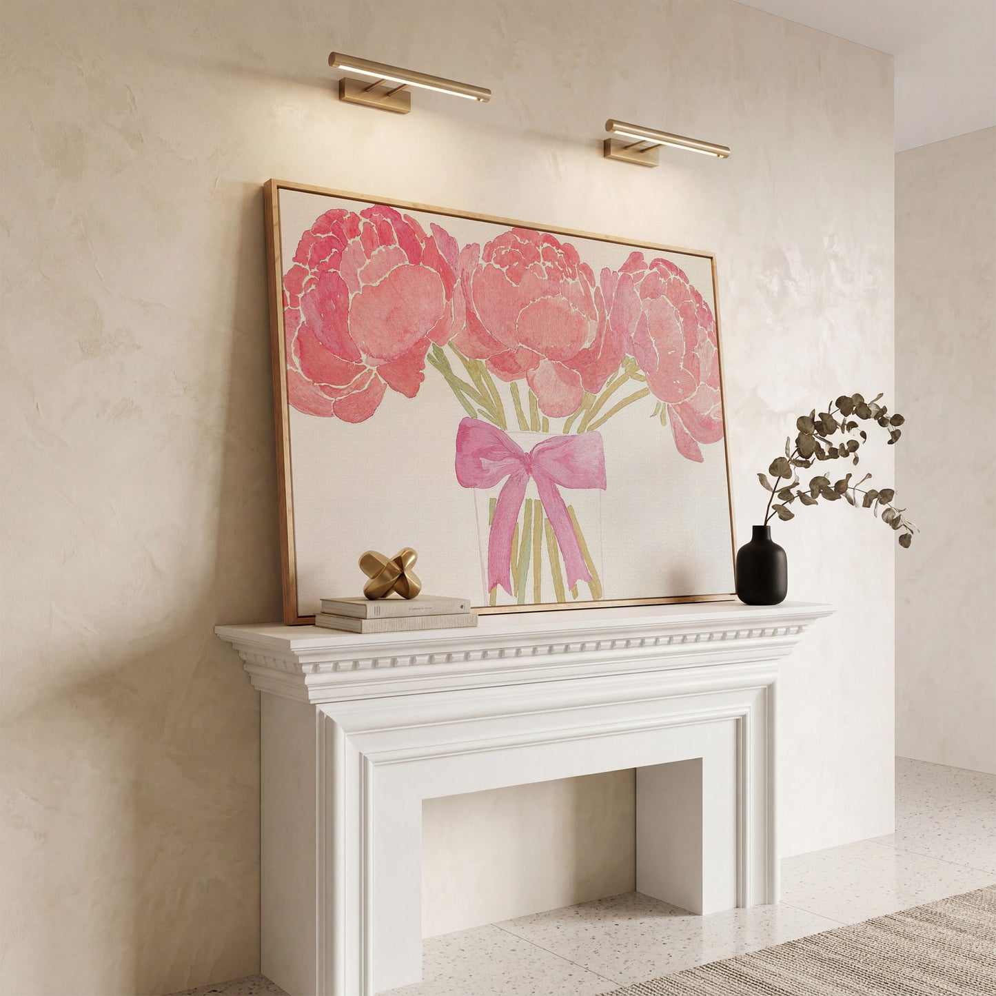 Pink Peonies in Vase Canvas Print in white oak floating frame