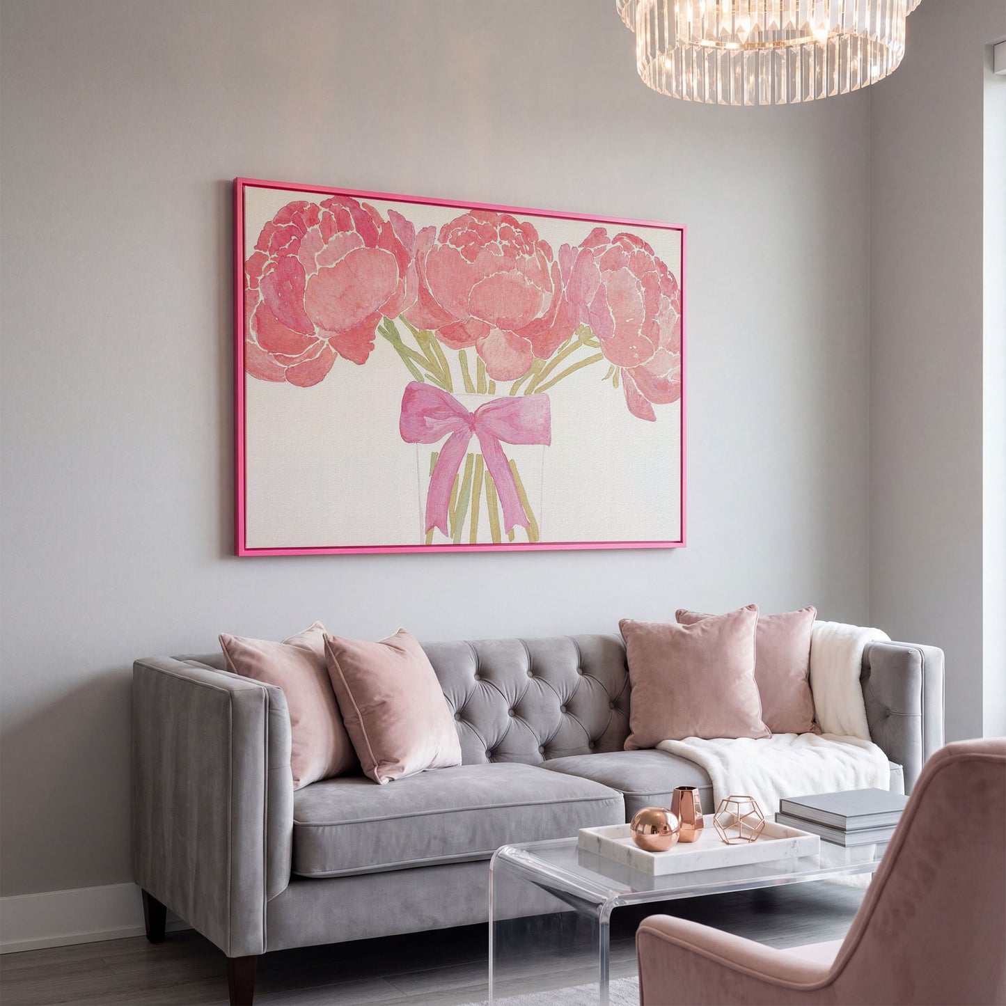Pink Peonies in Vase Canvas Print in pink floating frame