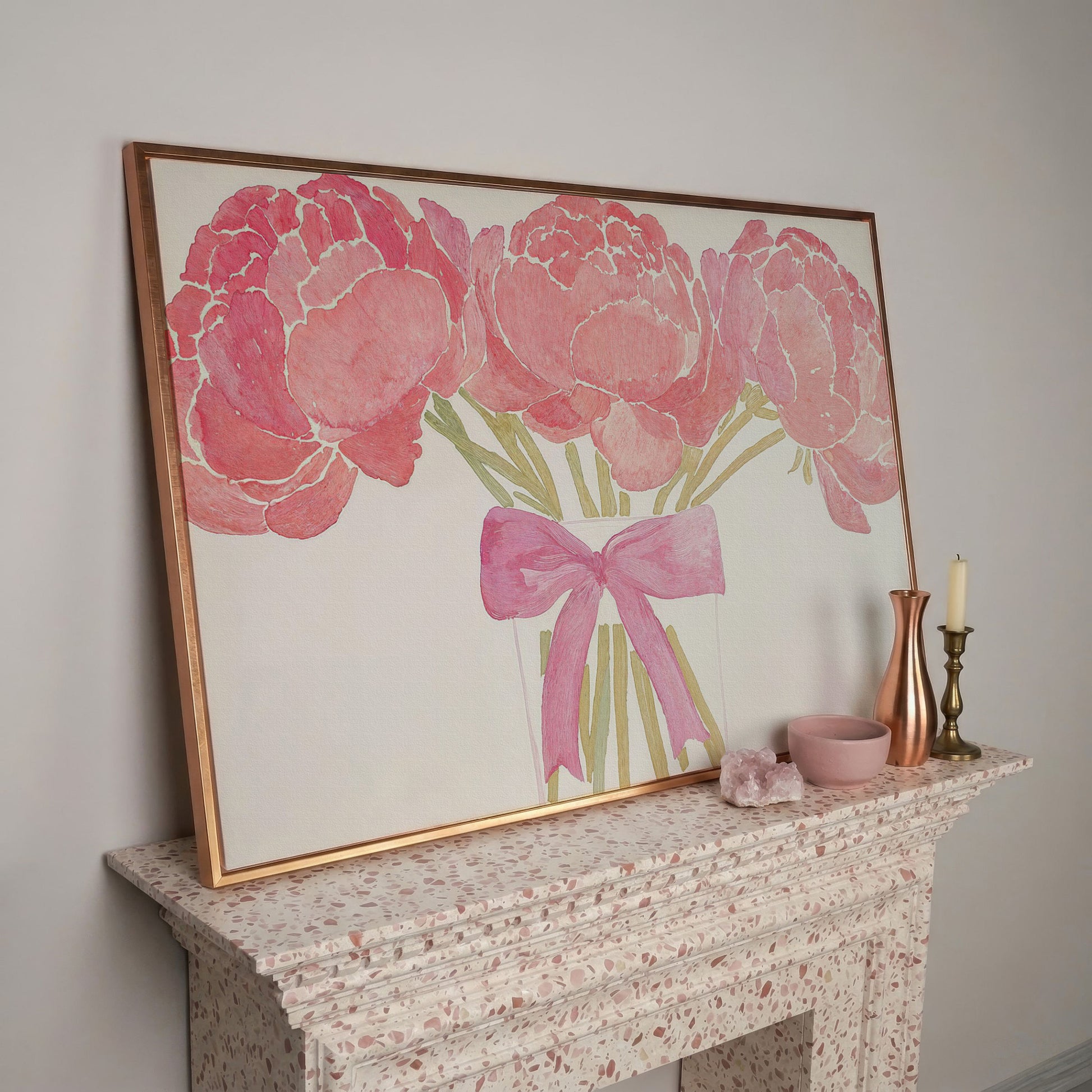 Pink Peonies in Vase Canvas Print in rose gold floating frame
