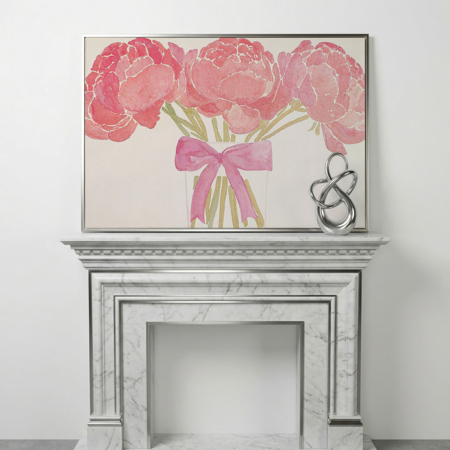 Pink Peonies in Vase Canvas Print in silver floating frame