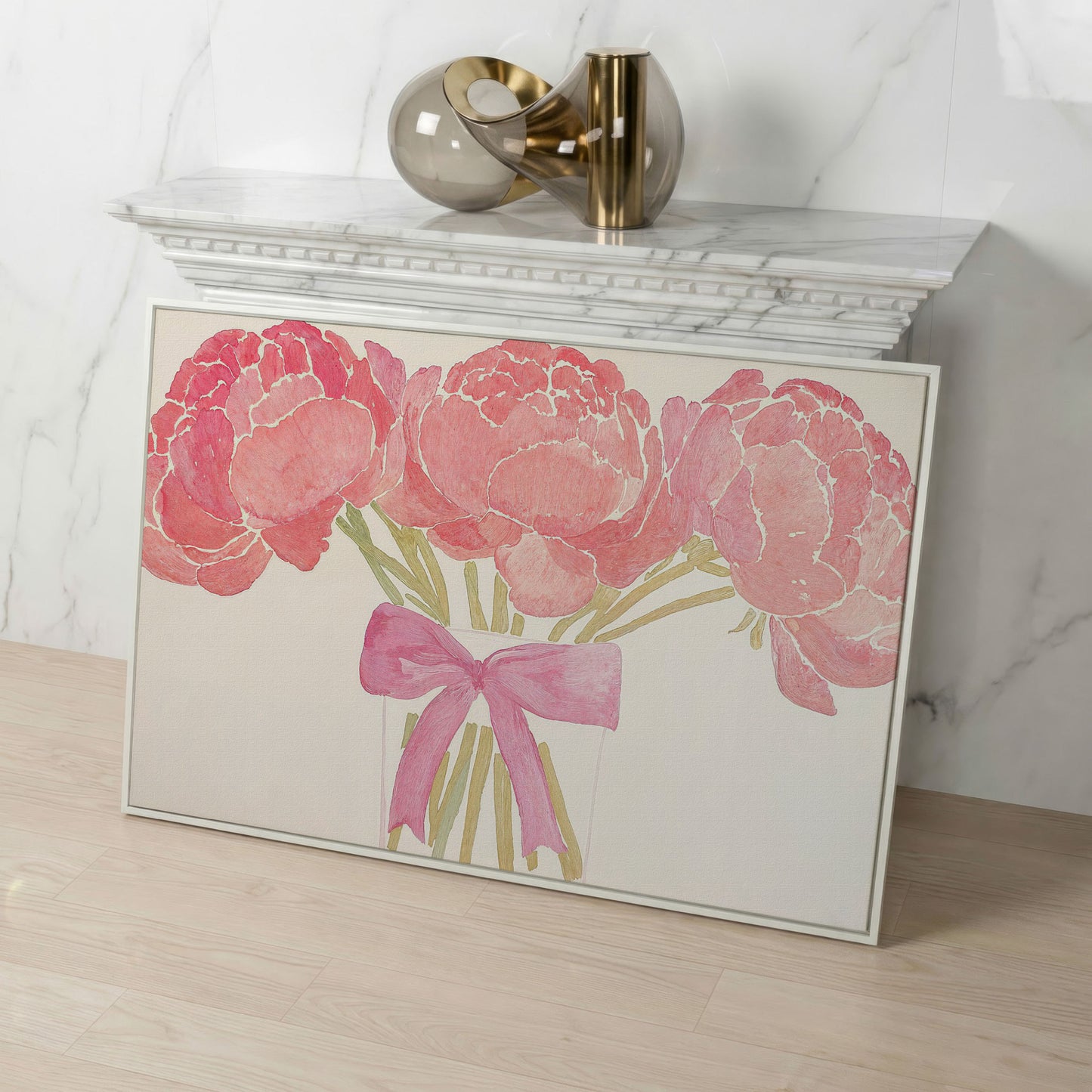 Pink Peonies in Vase Canvas Print in white floating frame