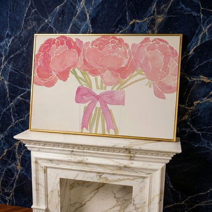 Pink Peonies in Vase Canvas Print in yellow gold floating frame