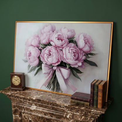 Pink Peony Bouquet with Satin Ribbon Canvas in antique gold floating frame