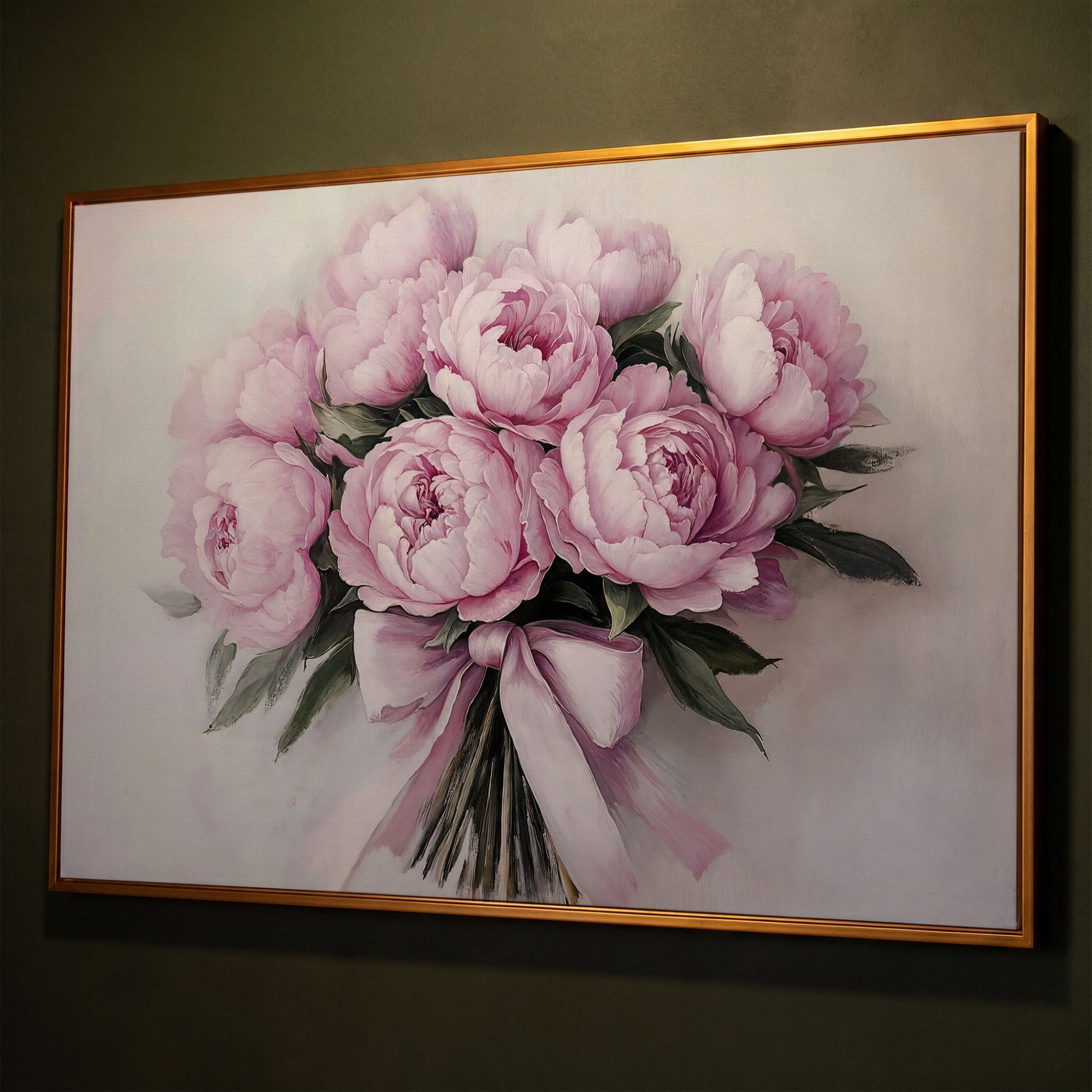 Pink Peony Bouquet with Satin Ribbon Canvas shown in antique gold floating frame