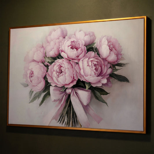 Pink Peony Bouquet with Satin Ribbon Canvas shown in antique gold floating frame