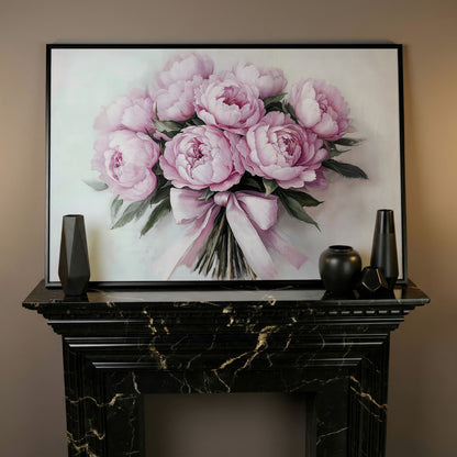 Pink Peony Bouquet with Satin Ribbon Canvas in black floating frame