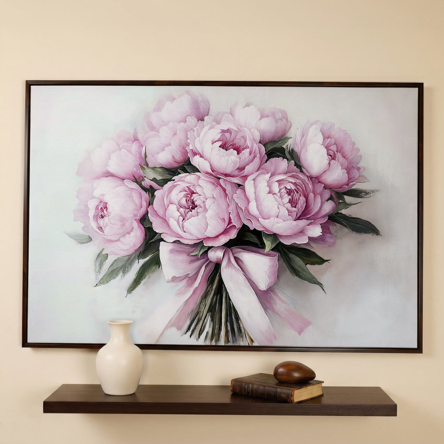 Pink Peony Bouquet with Satin Ribbon Canvas in dark walnut floating frame
