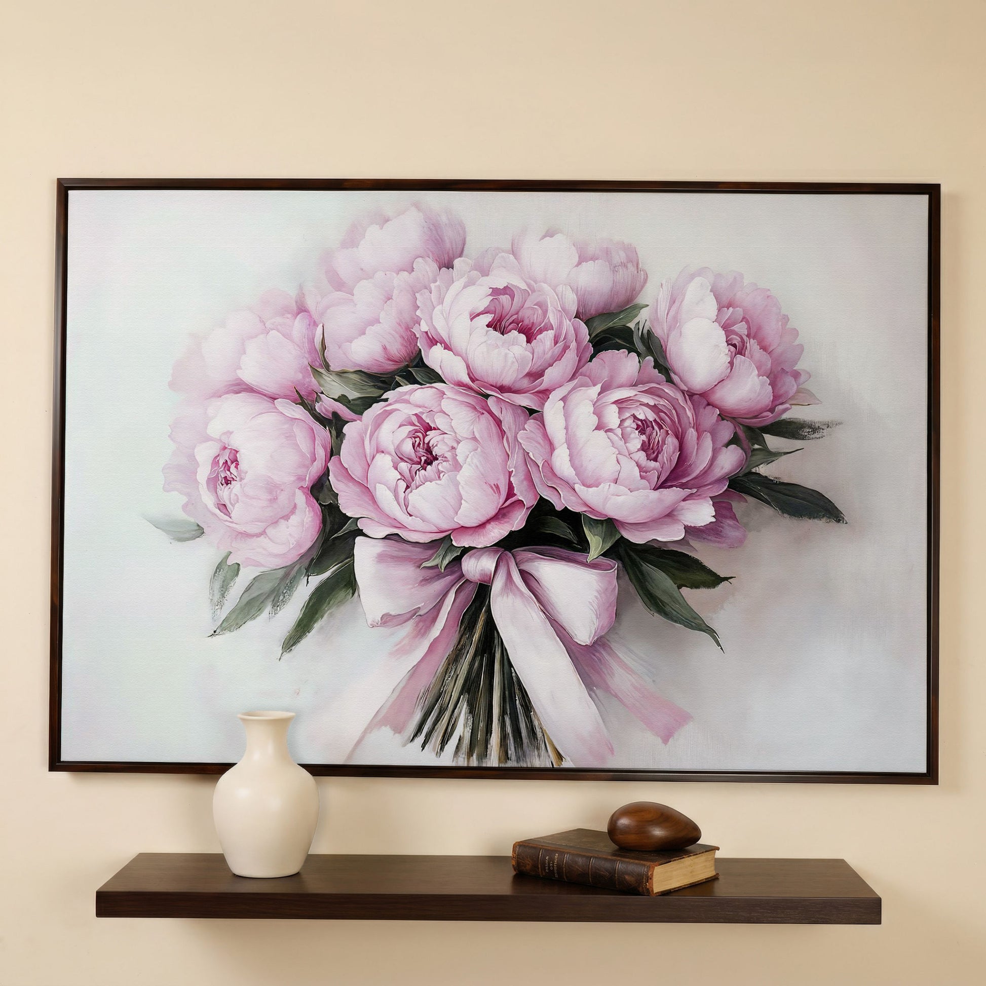 Pink Peony Bouquet with Satin Ribbon Canvas in dark walnut floating frame
