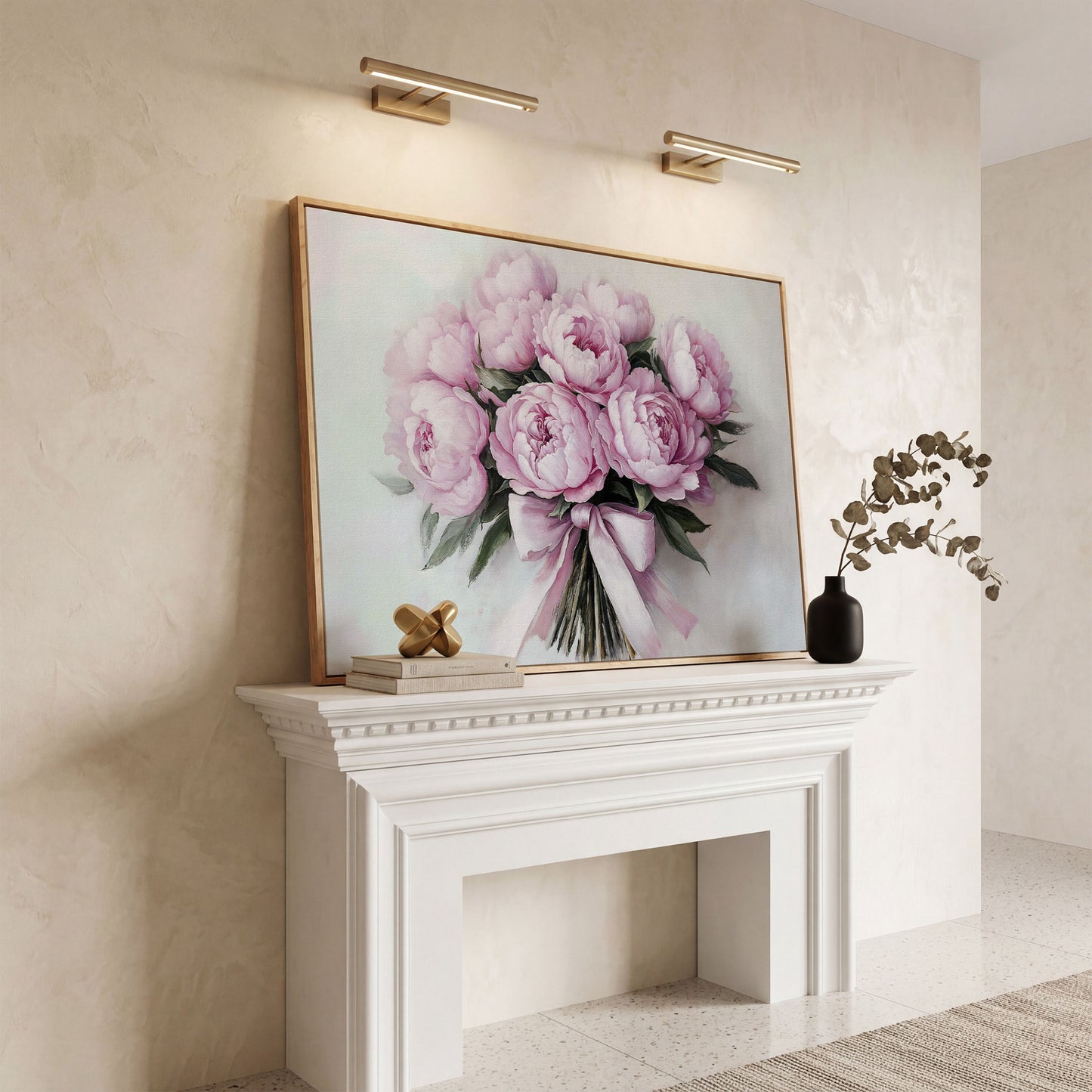 Pink Peony Bouquet with Satin Ribbon Canvas in white oak floating frame