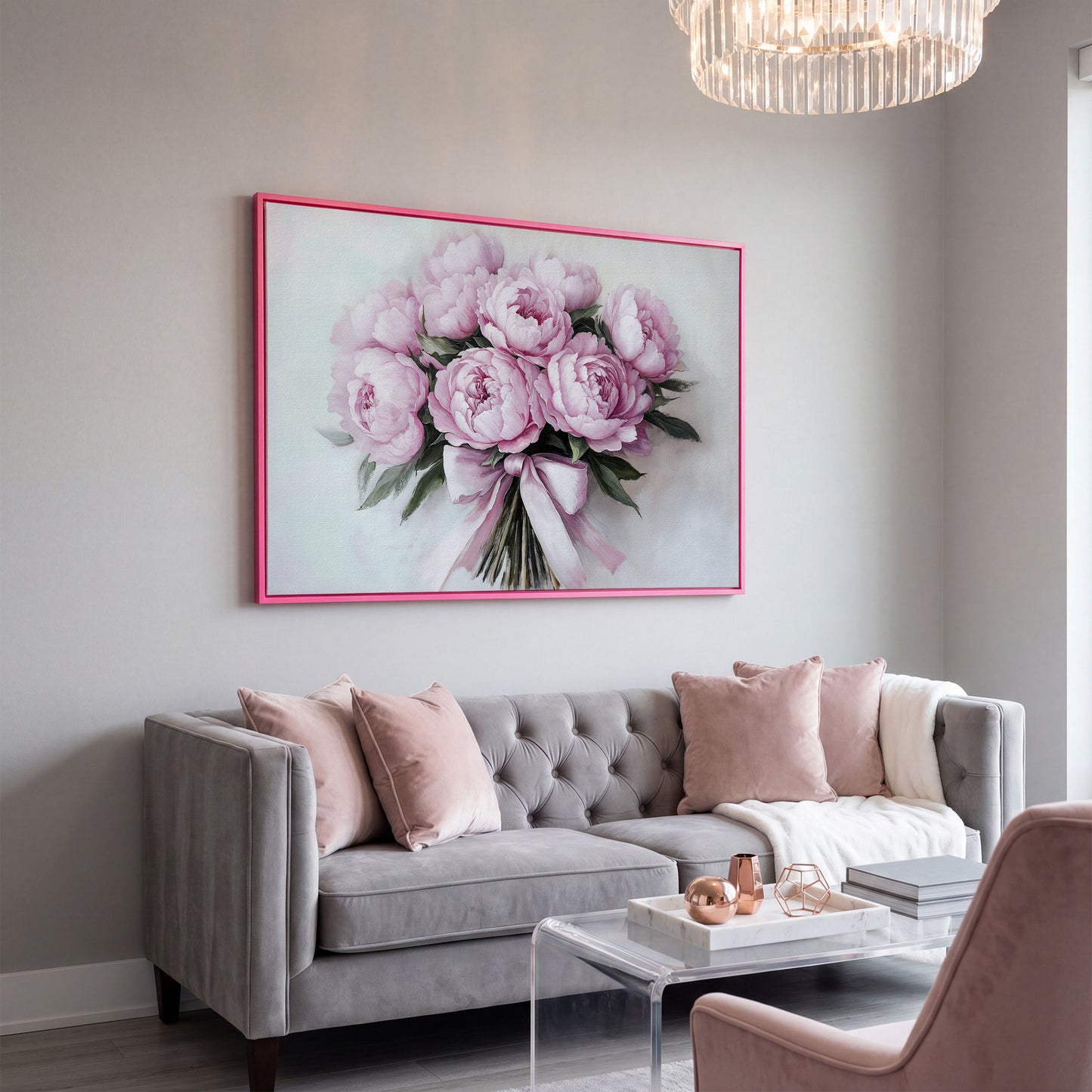 Pink Peony Bouquet with Satin Ribbon Canvas in pink floating frame