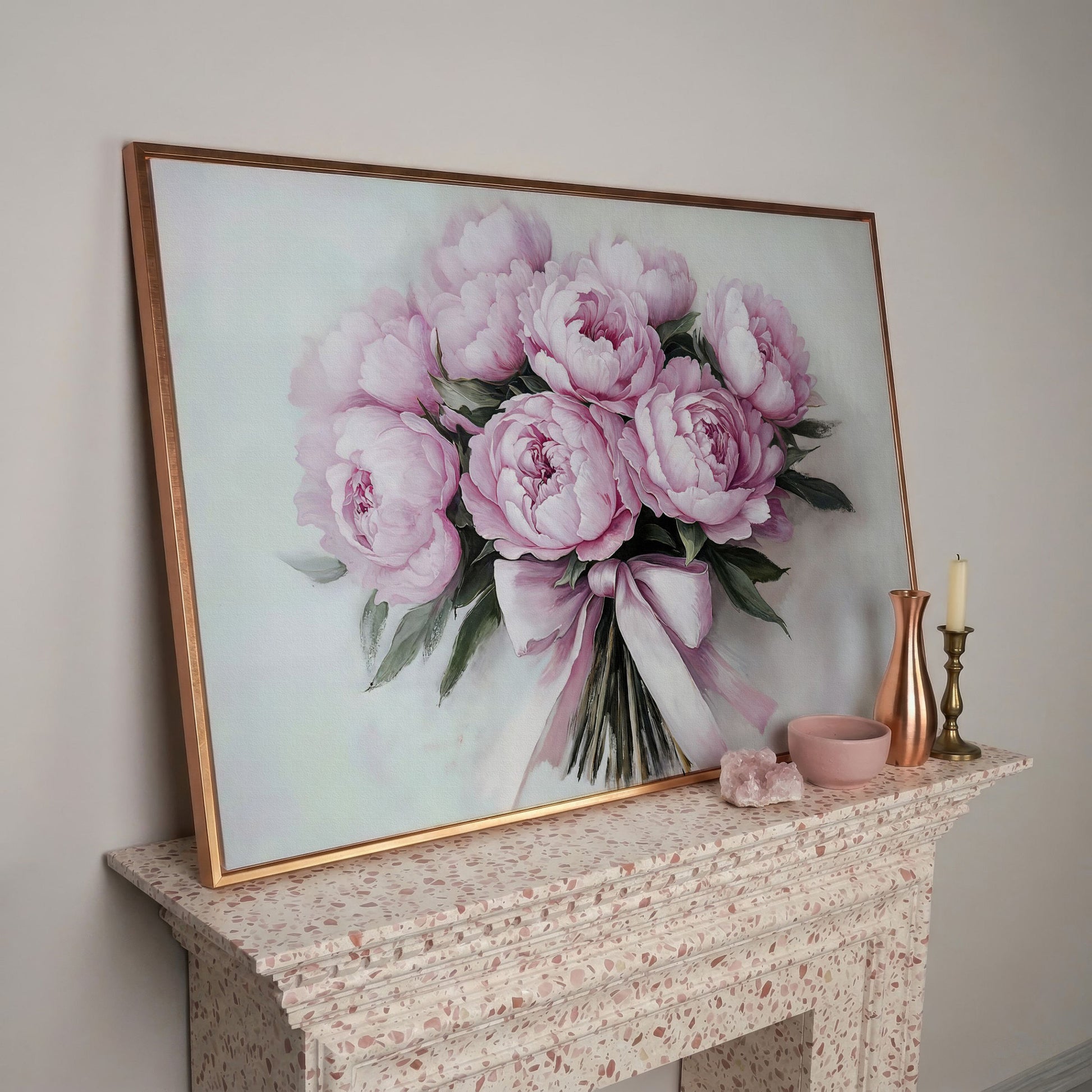 Pink Peony Bouquet with Satin Ribbon Canvas in rose gold floating frame