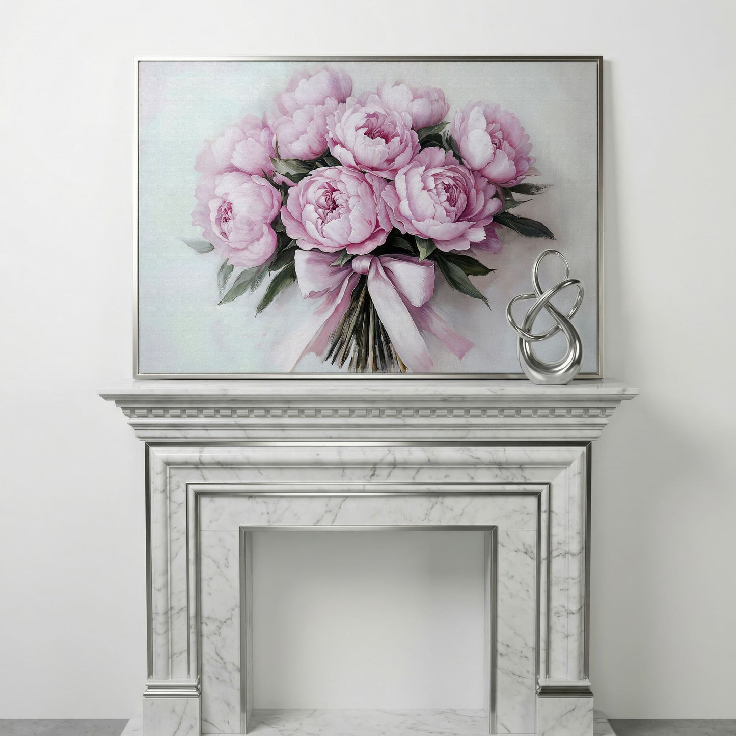 Pink Peony Bouquet with Satin Ribbon Canvas in silver floating frame