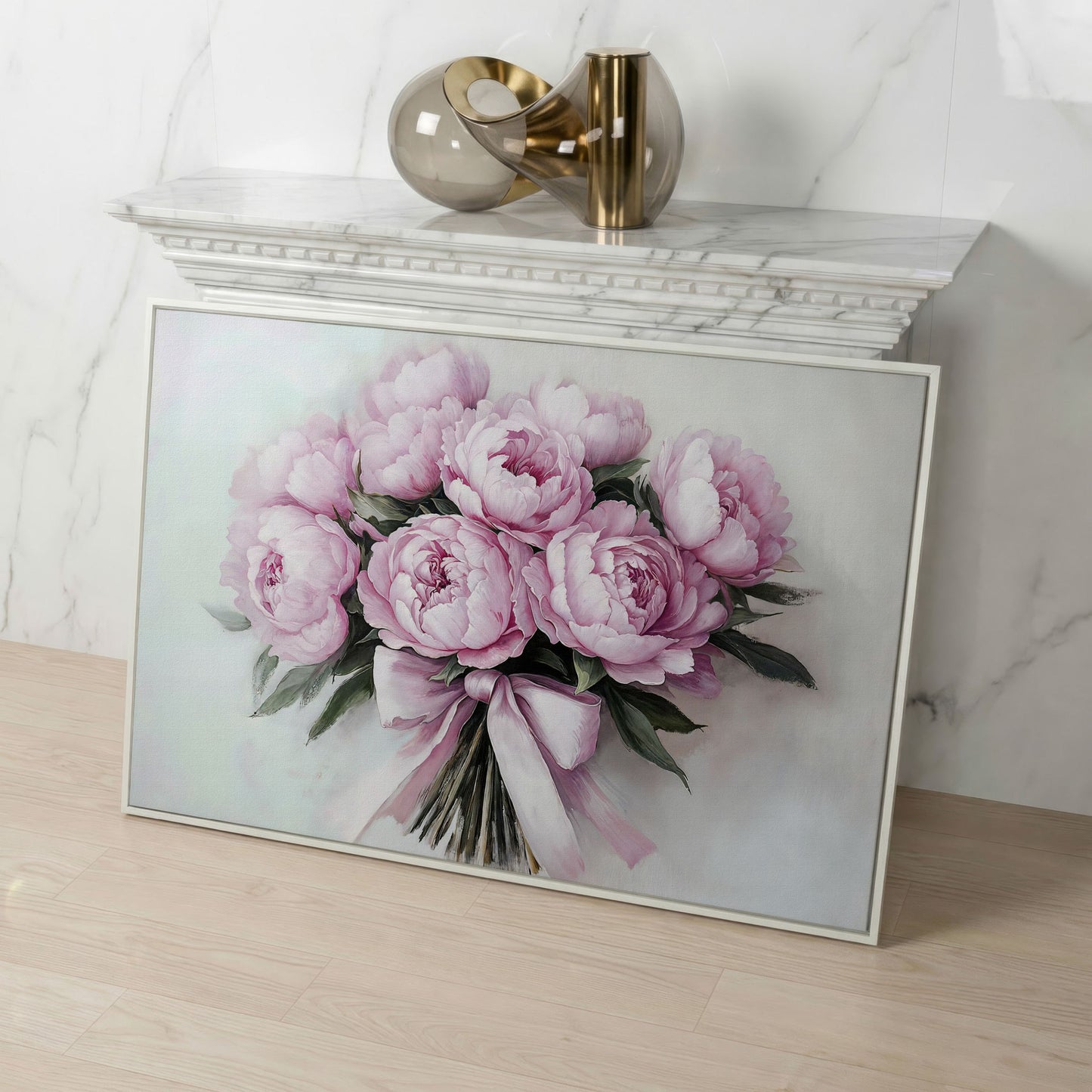 Pink Peony Bouquet with Satin Ribbon Canvas in white floating frame