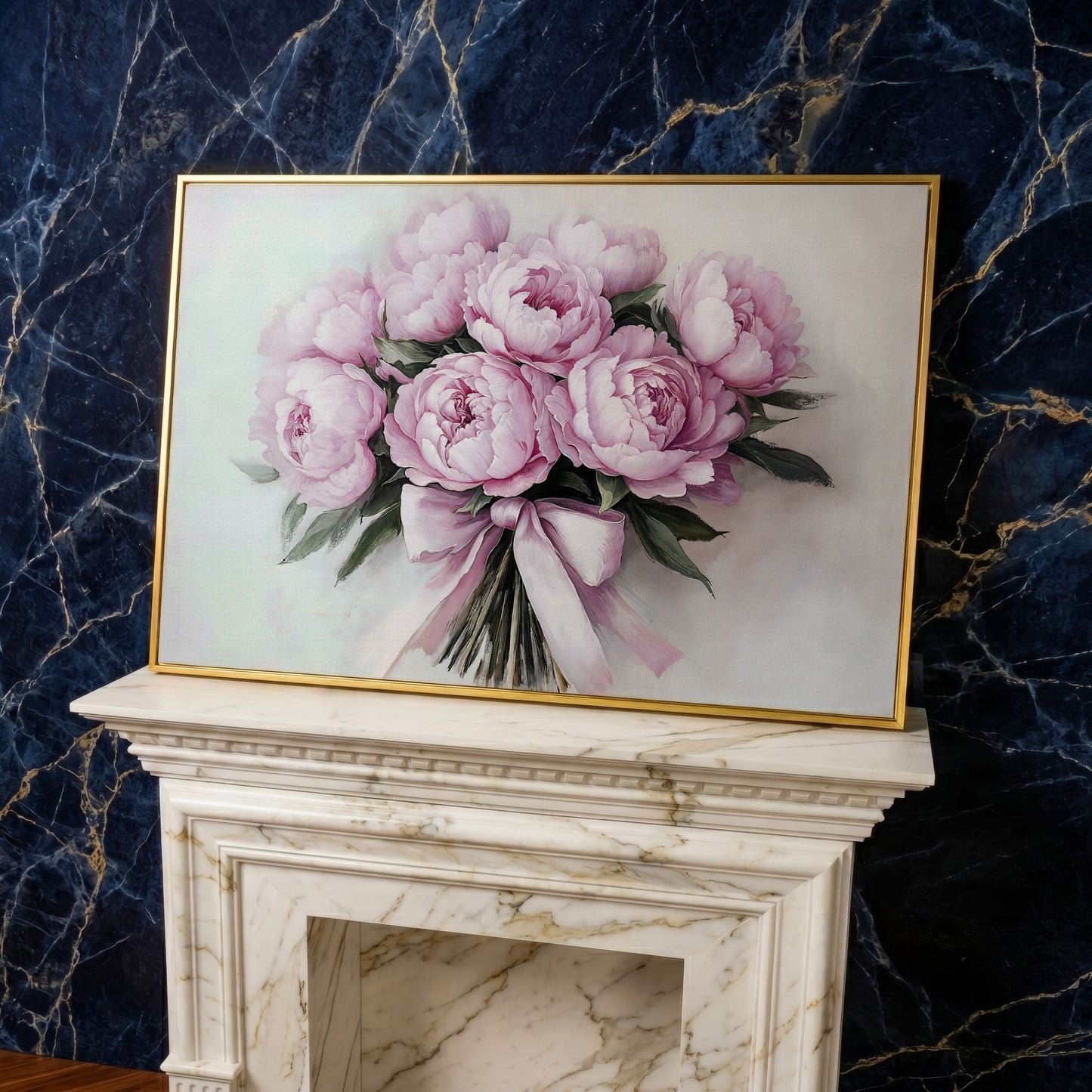 Pink Peony Bouquet with Satin Ribbon Canvas in yellow gold floating frame