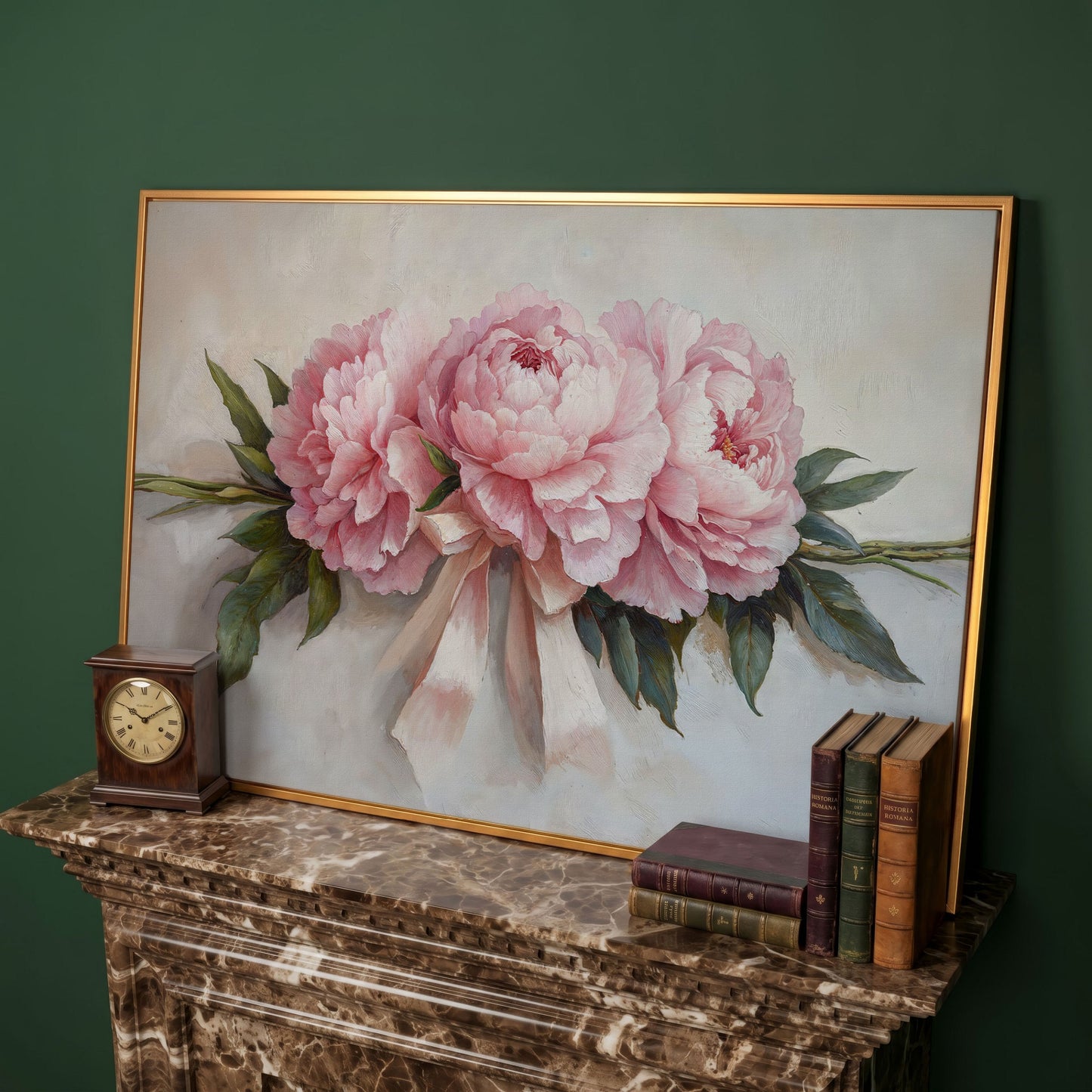 Elegant Peony Bouquet Canvas in antique gold floating frame