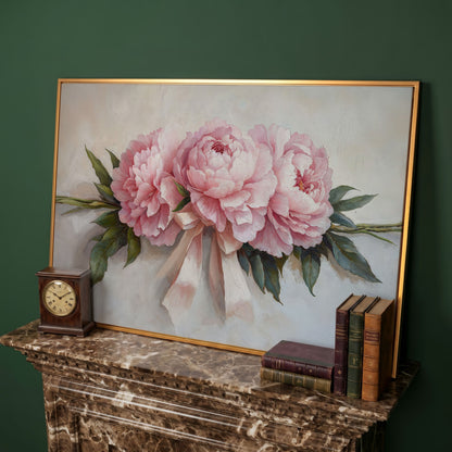 Elegant Peony Bouquet Canvas in antique gold floating frame