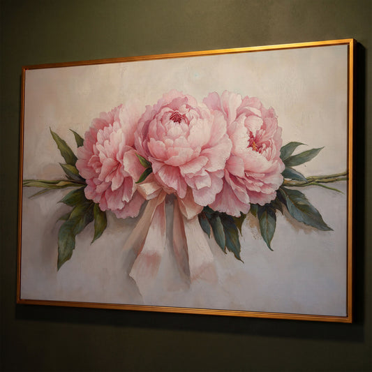 Elegant Peony Bouquet Canvas shown in antique gold floating frame