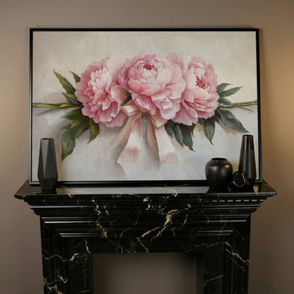Elegant Peony Bouquet Canvas in black floating frame