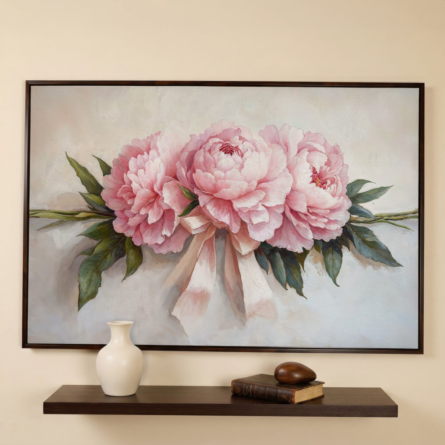 Elegant Peony Bouquet Canvas in dark walnut floating frame