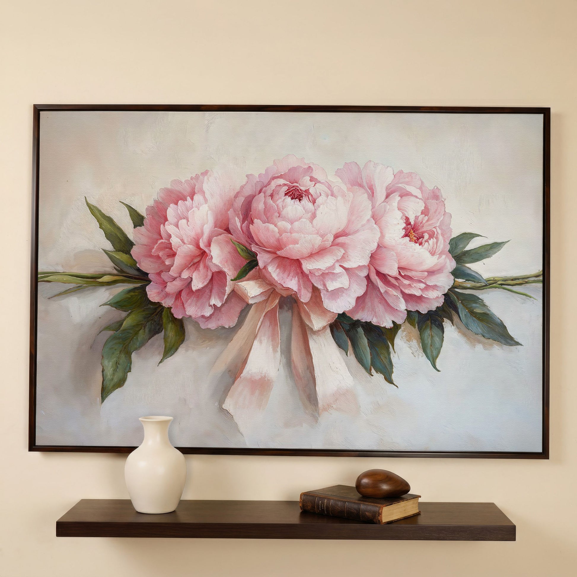 Elegant Peony Bouquet Canvas in dark walnut floating frame