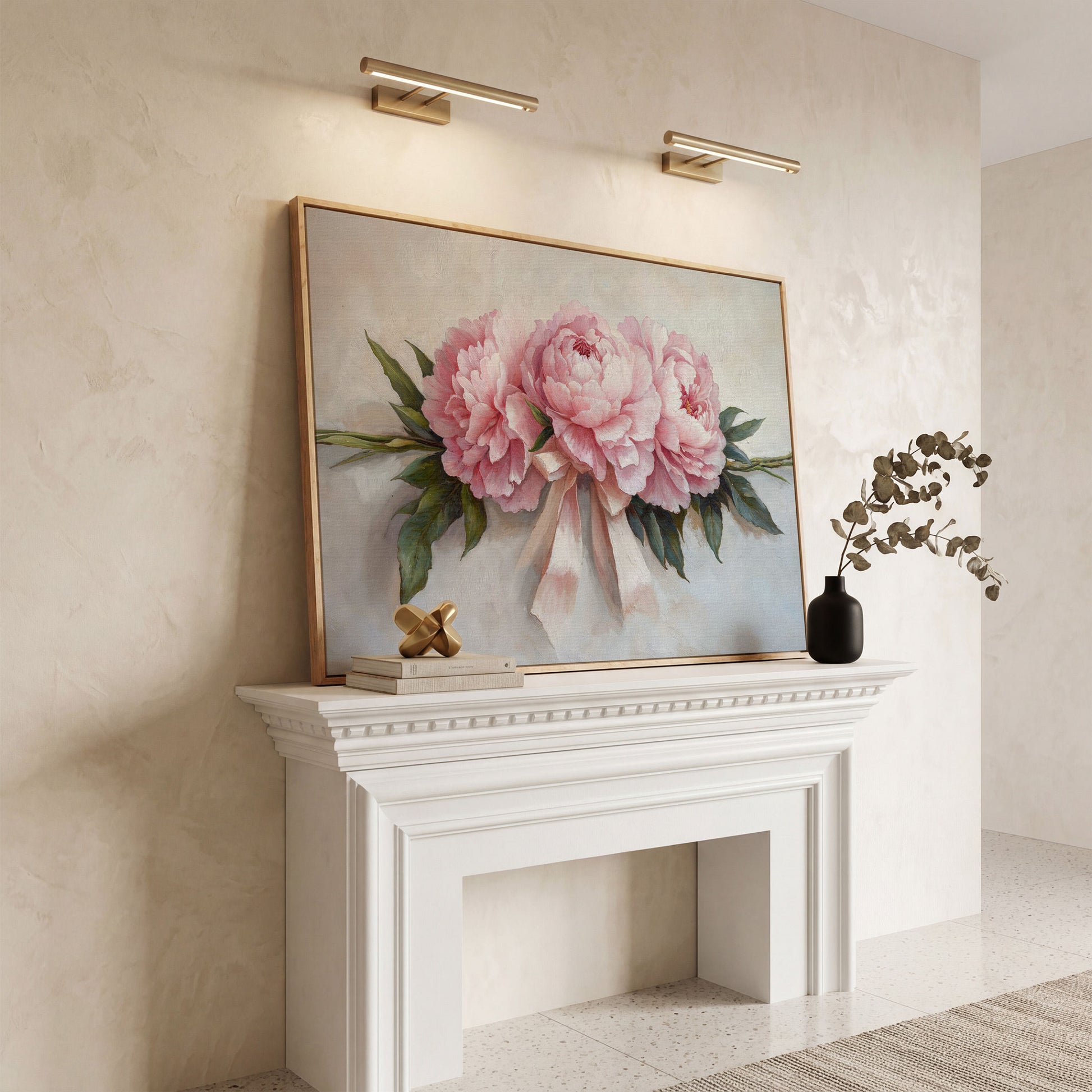 Elegant Peony Bouquet Canvas in white oak floating frame