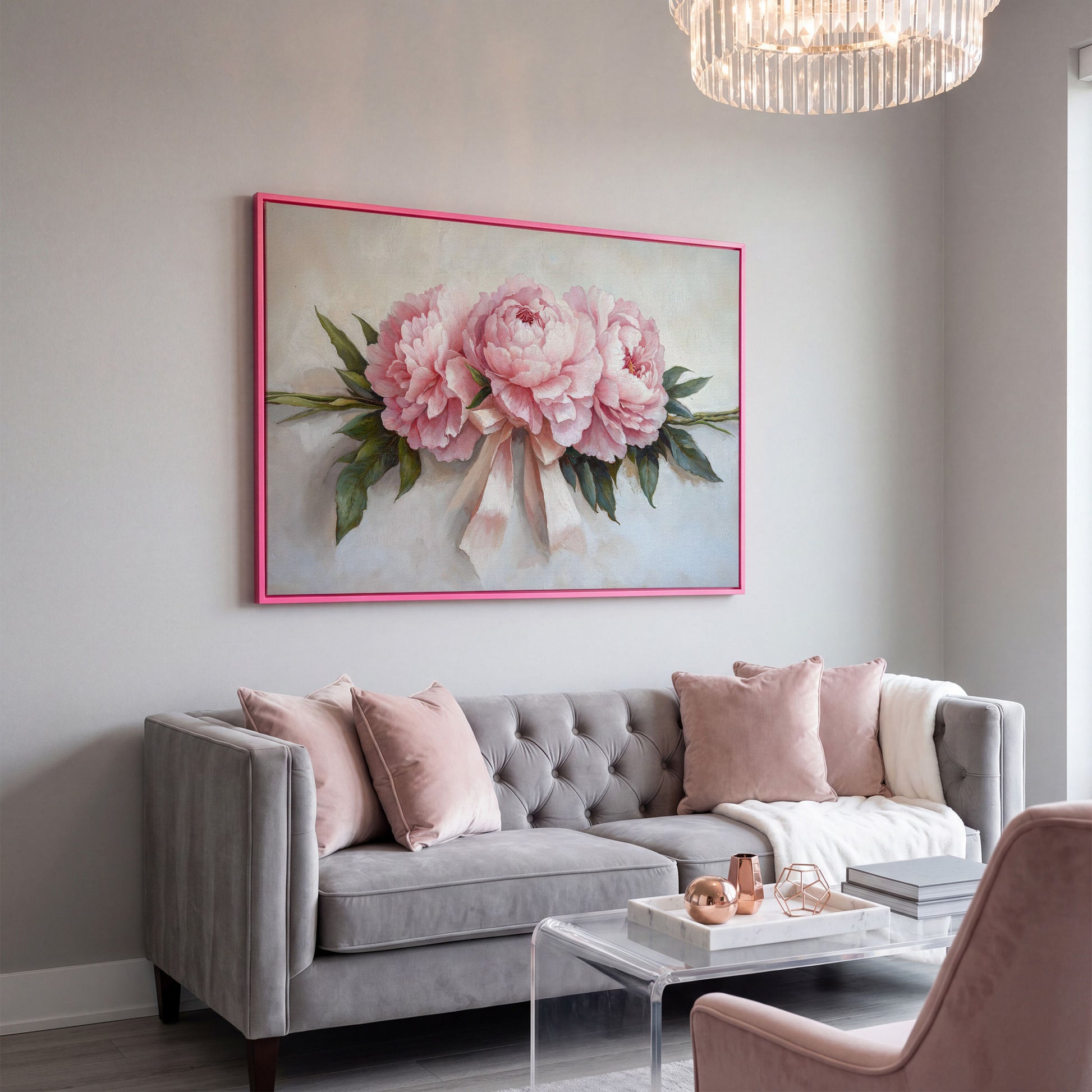 Elegant Peony Bouquet Canvas in pink floating frame