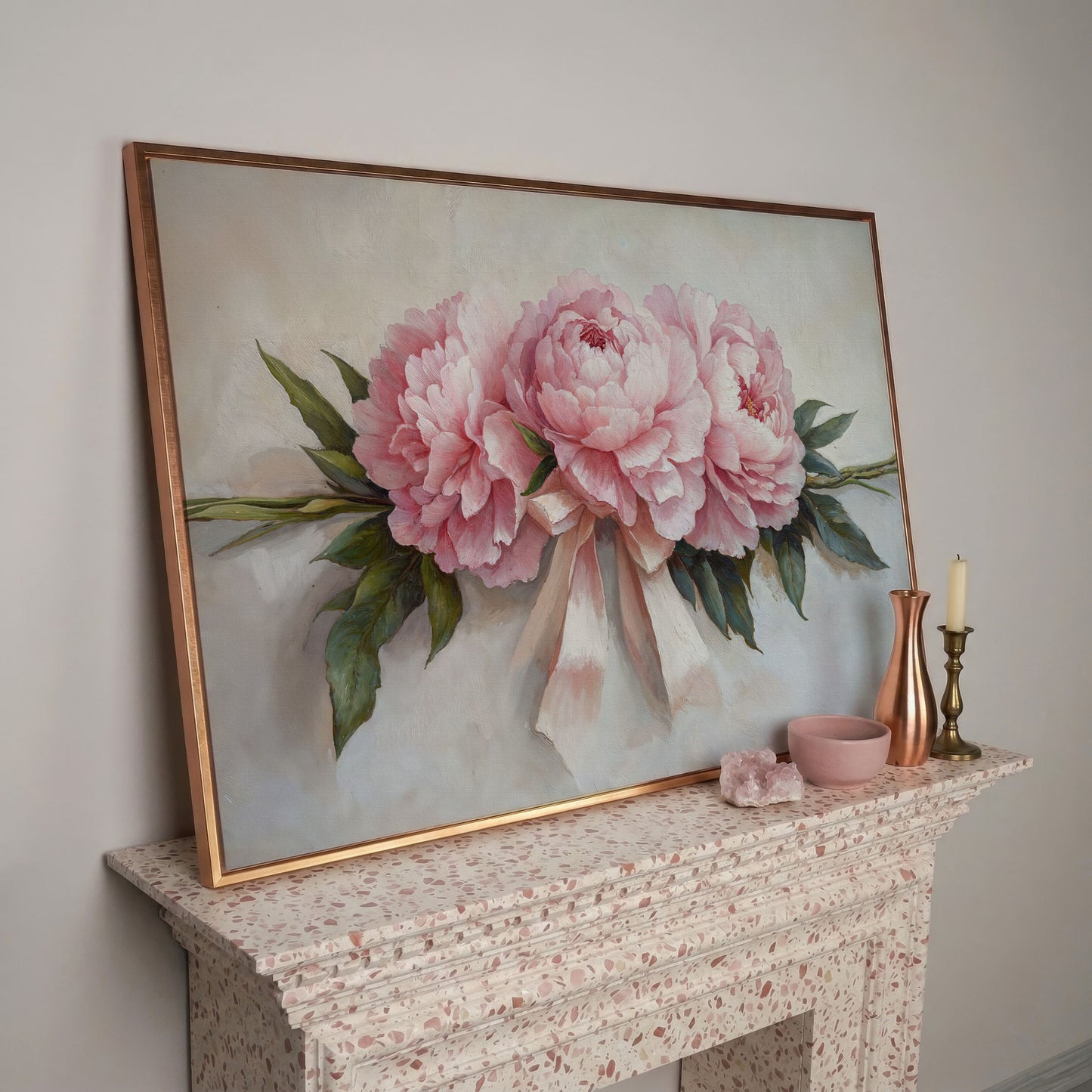 Elegant Peony Bouquet Canvas in rose gold floating frame