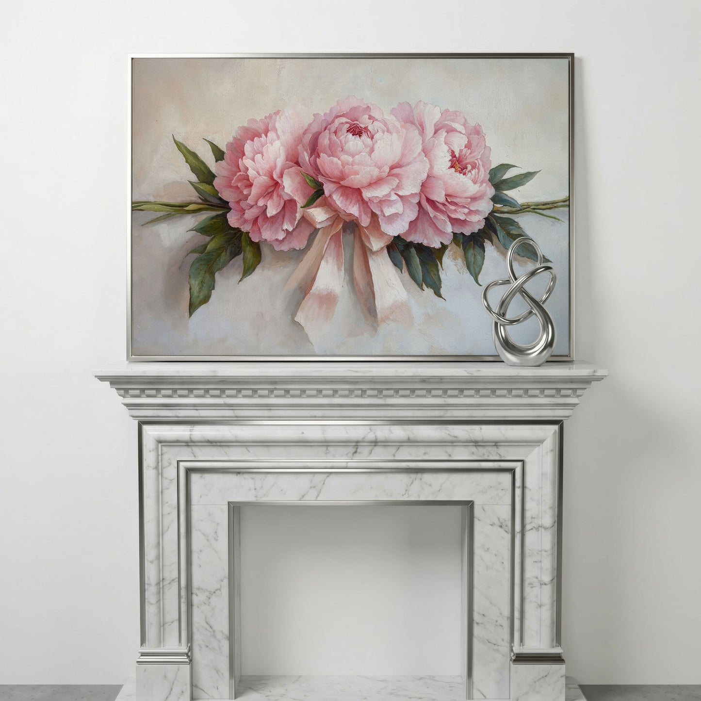 Elegant Peony Bouquet Canvas in silver floating frame
