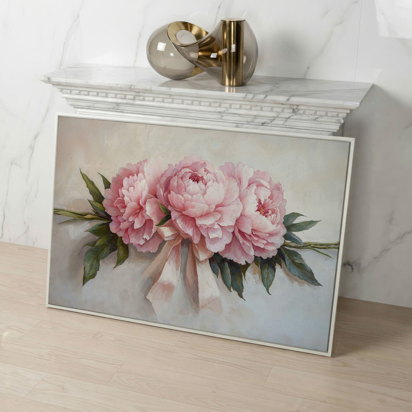 Elegant Peony Bouquet Canvas in white floating frame