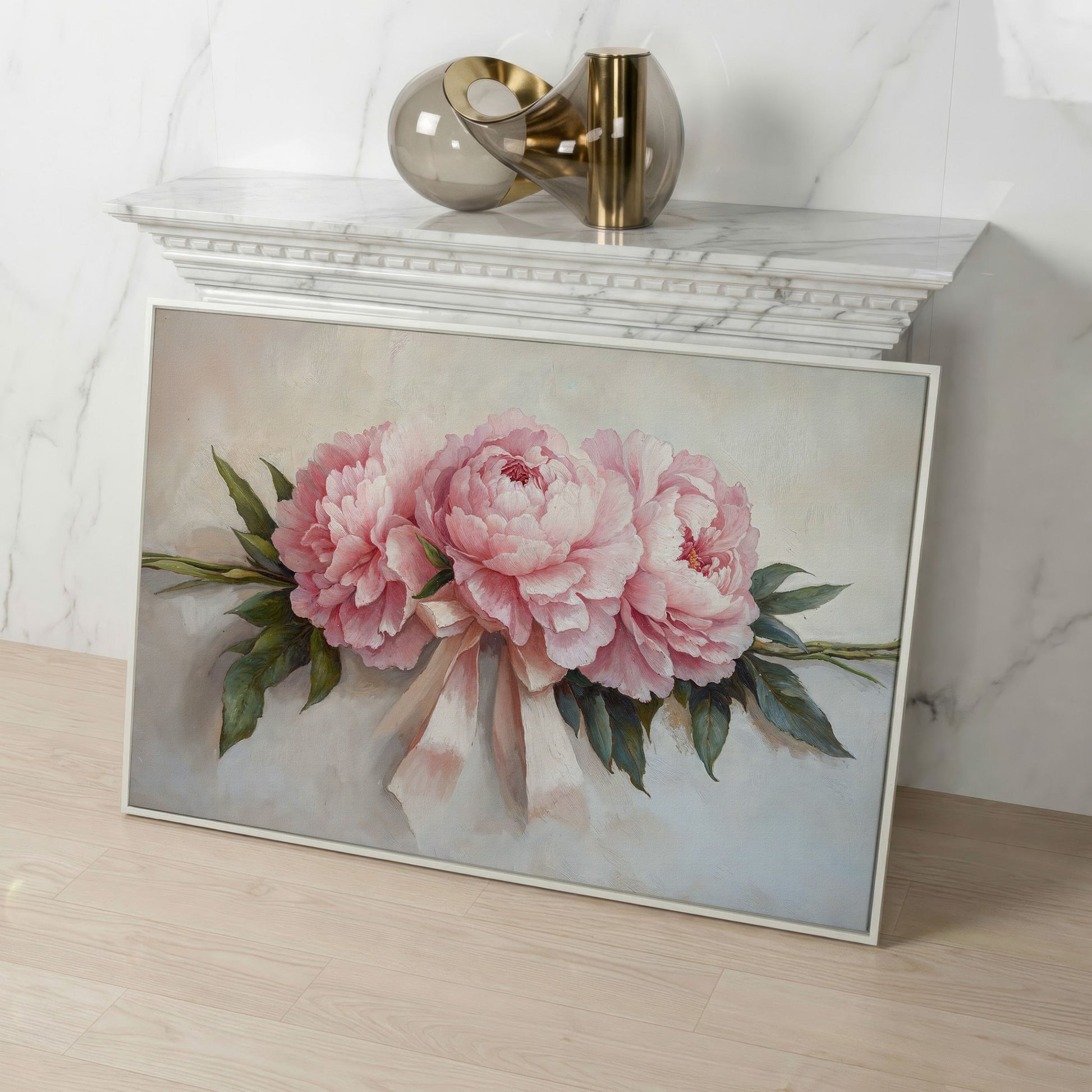 Elegant Peony Bouquet Canvas in white floating frame