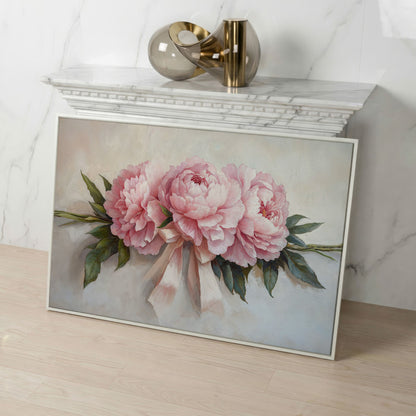 Elegant Peony Bouquet Canvas in white floating frame