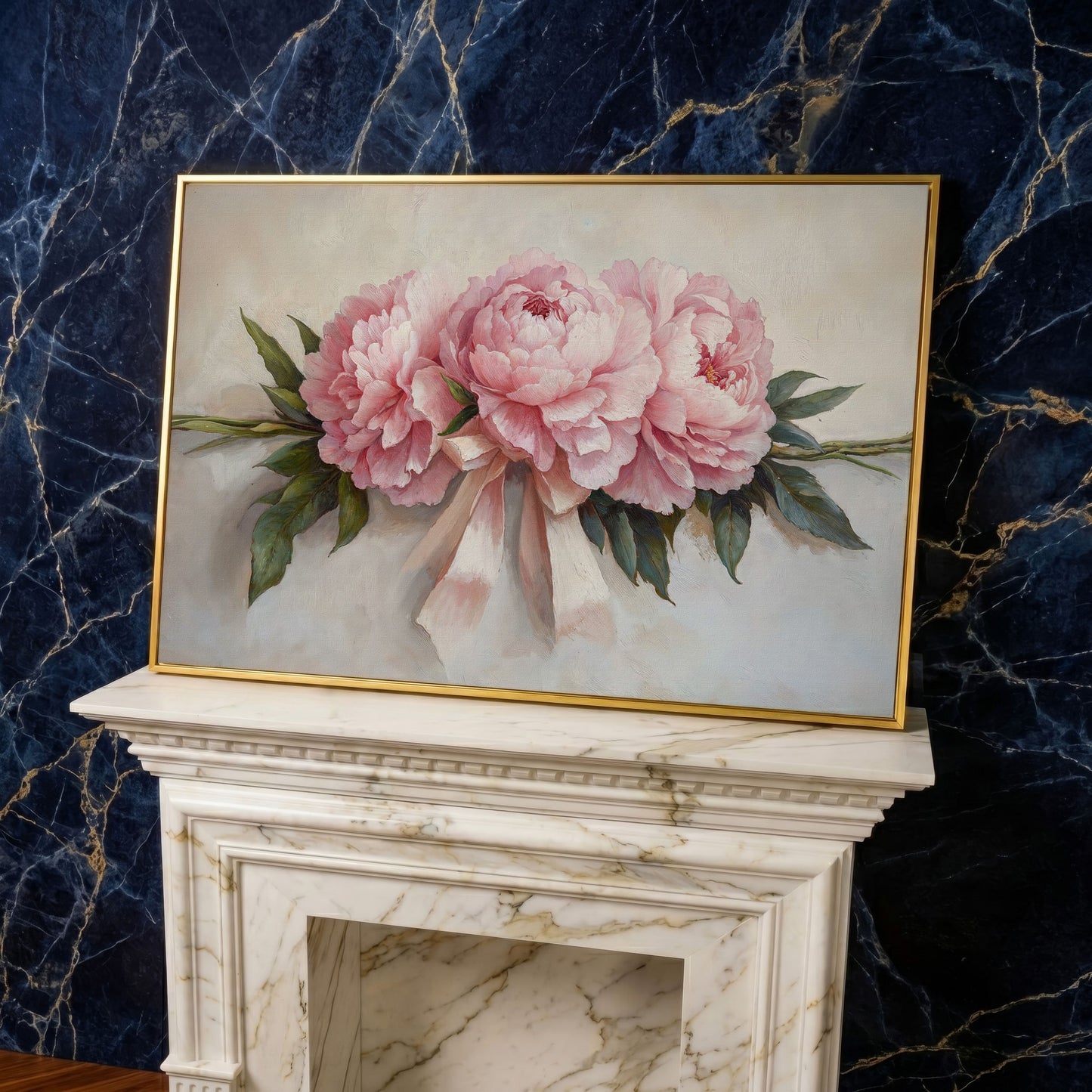 Elegant Peony Bouquet Canvas in yellow gold floating frame