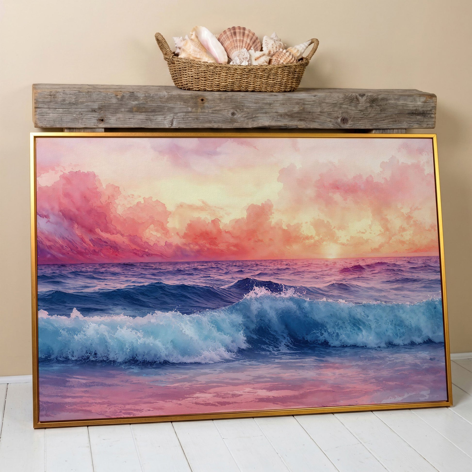 Ocean Sunset with Wave Canvas Print in antique gold floating frame