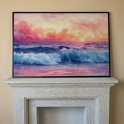 Ocean Sunset with Wave Canvas Print in black floating frame