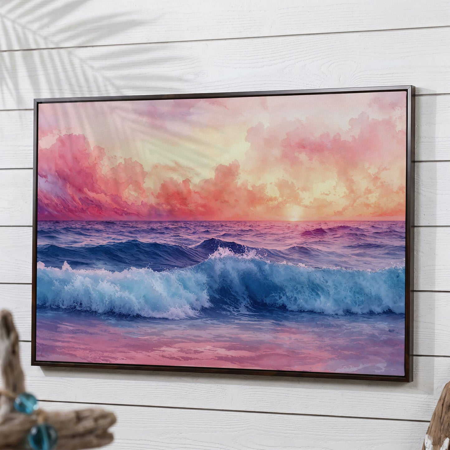 Ocean Sunset with Wave Canvas Print in dark walnut floating frame