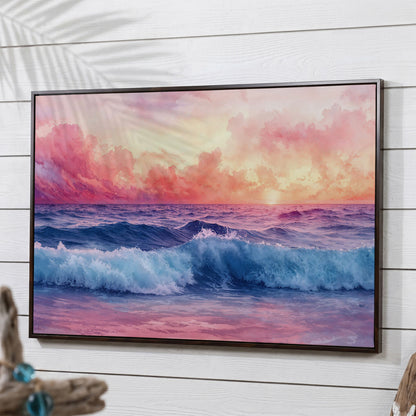 Ocean Sunset with Wave Canvas Print in dark walnut floating frame