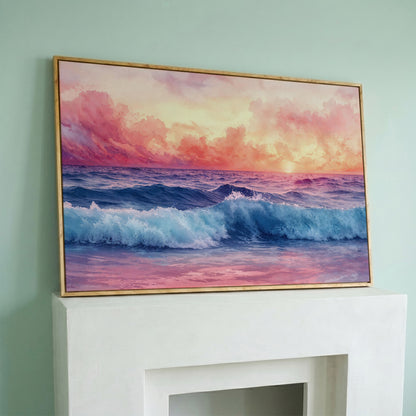 Ocean Sunset with Wave Canvas Print in white oak floating frame