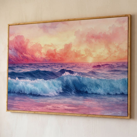 Ocean Sunset with Wave Canvas Print shown in white oak floating frame