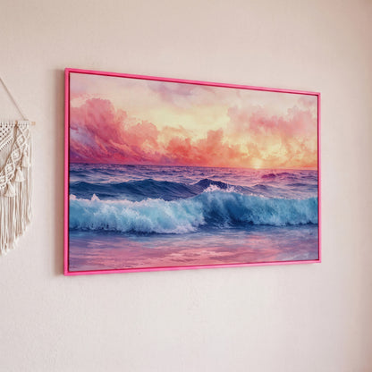 Ocean Sunset with Wave Canvas Print in pink floating frame