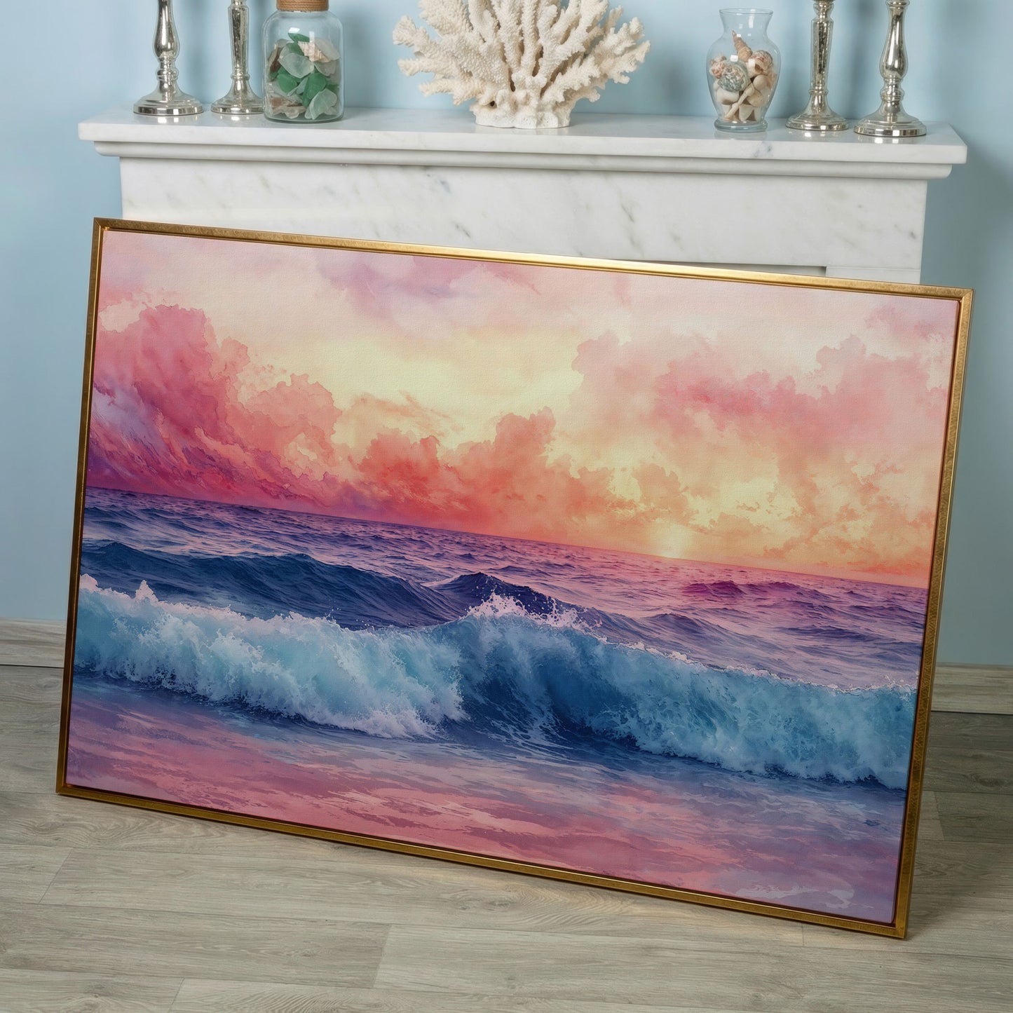 Ocean Sunset with Wave Canvas Print in rose gold floating frame