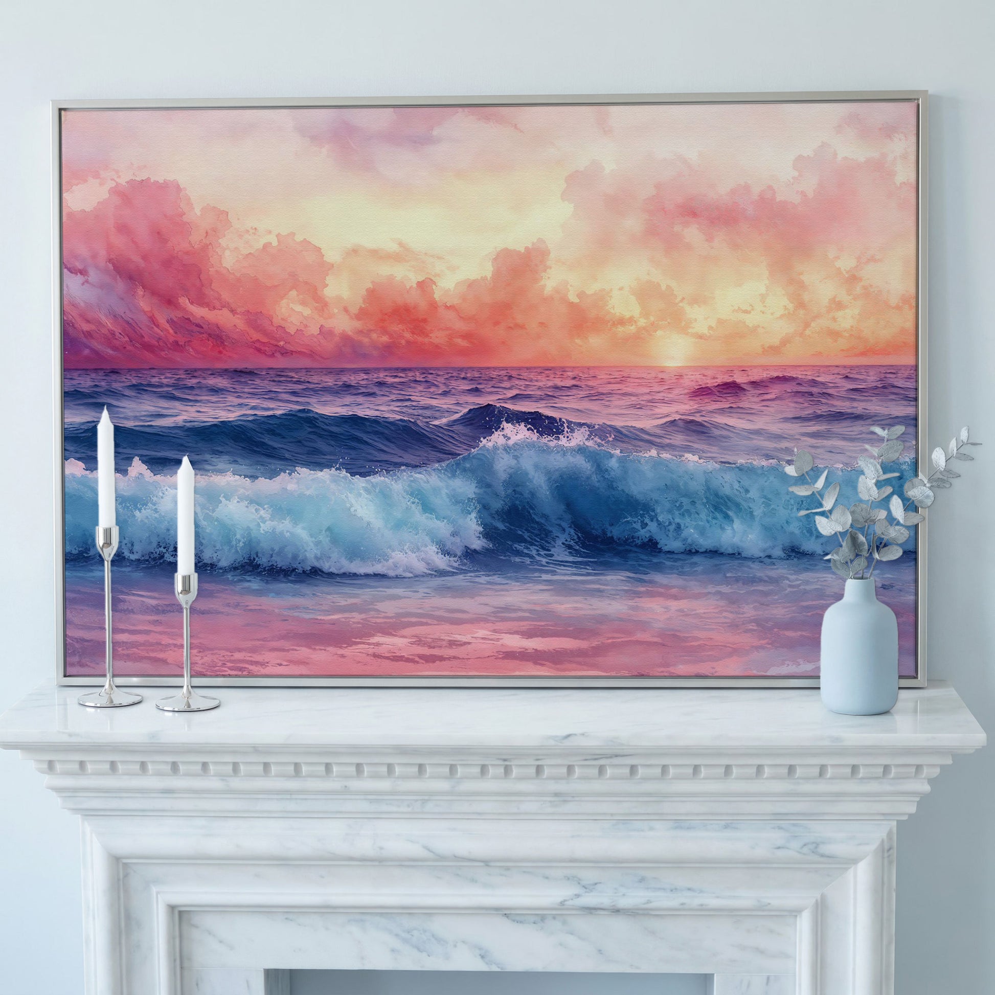 Ocean Sunset with Wave Canvas Print in silver floating frame