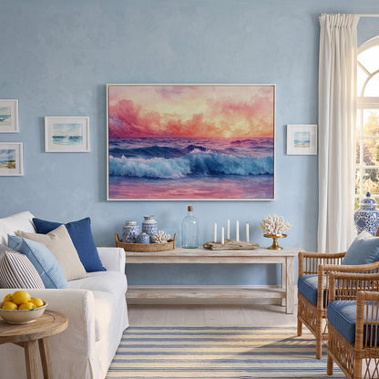 Ocean Sunset with Wave Canvas Print in white floating frame