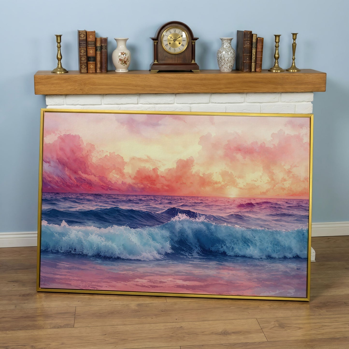 Ocean Sunset with Wave Canvas Print in yellow gold floating frame