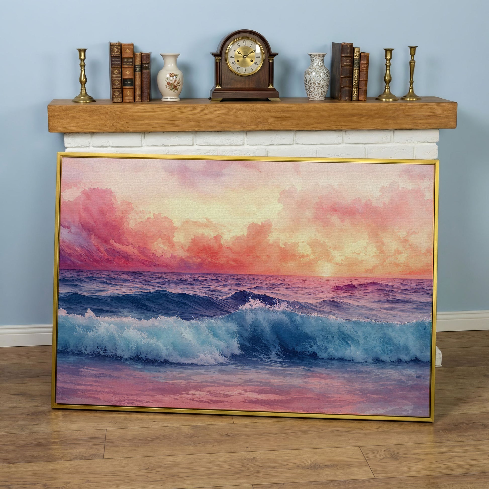 Ocean Sunset with Wave Canvas Print in yellow gold floating frame