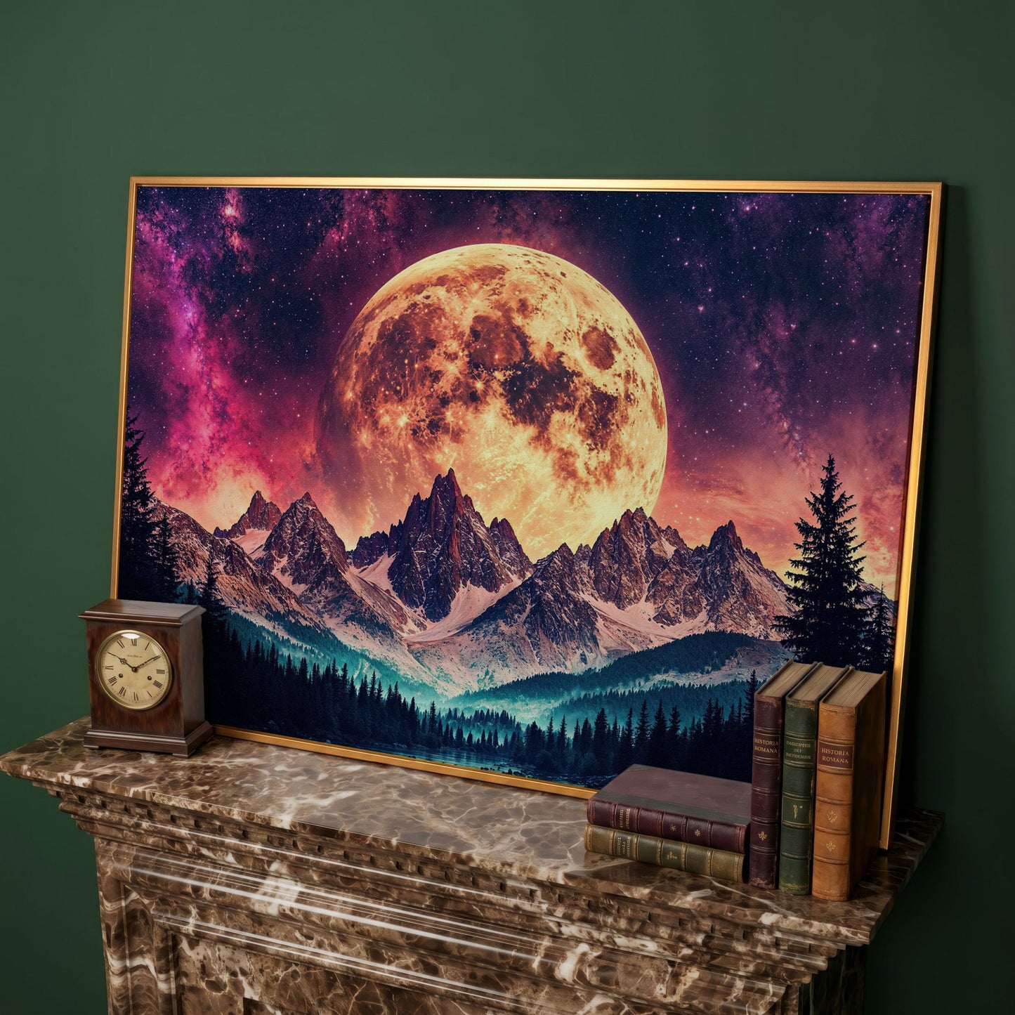 Giant Moon Over Snowy Forest and River, Surreal Night Sky Canvas Art in antique gold floating frame