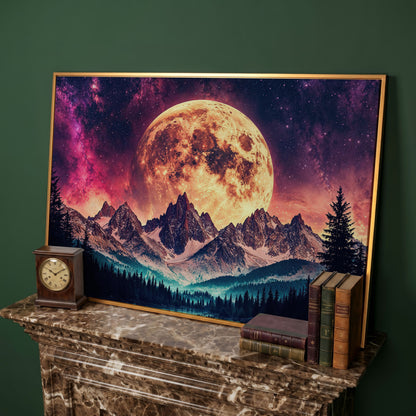 Giant Moon Over Snowy Forest and River, Surreal Night Sky Canvas Art in antique gold floating frame