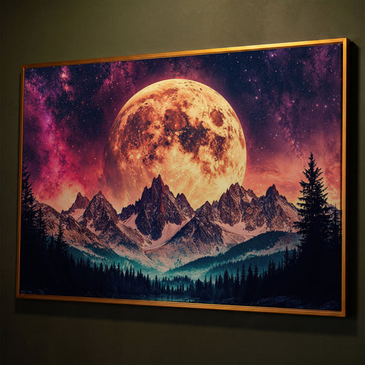 Giant Moon Over Snowy Forest and River, Surreal Night Sky Canvas Art shown in antique gold floating frame