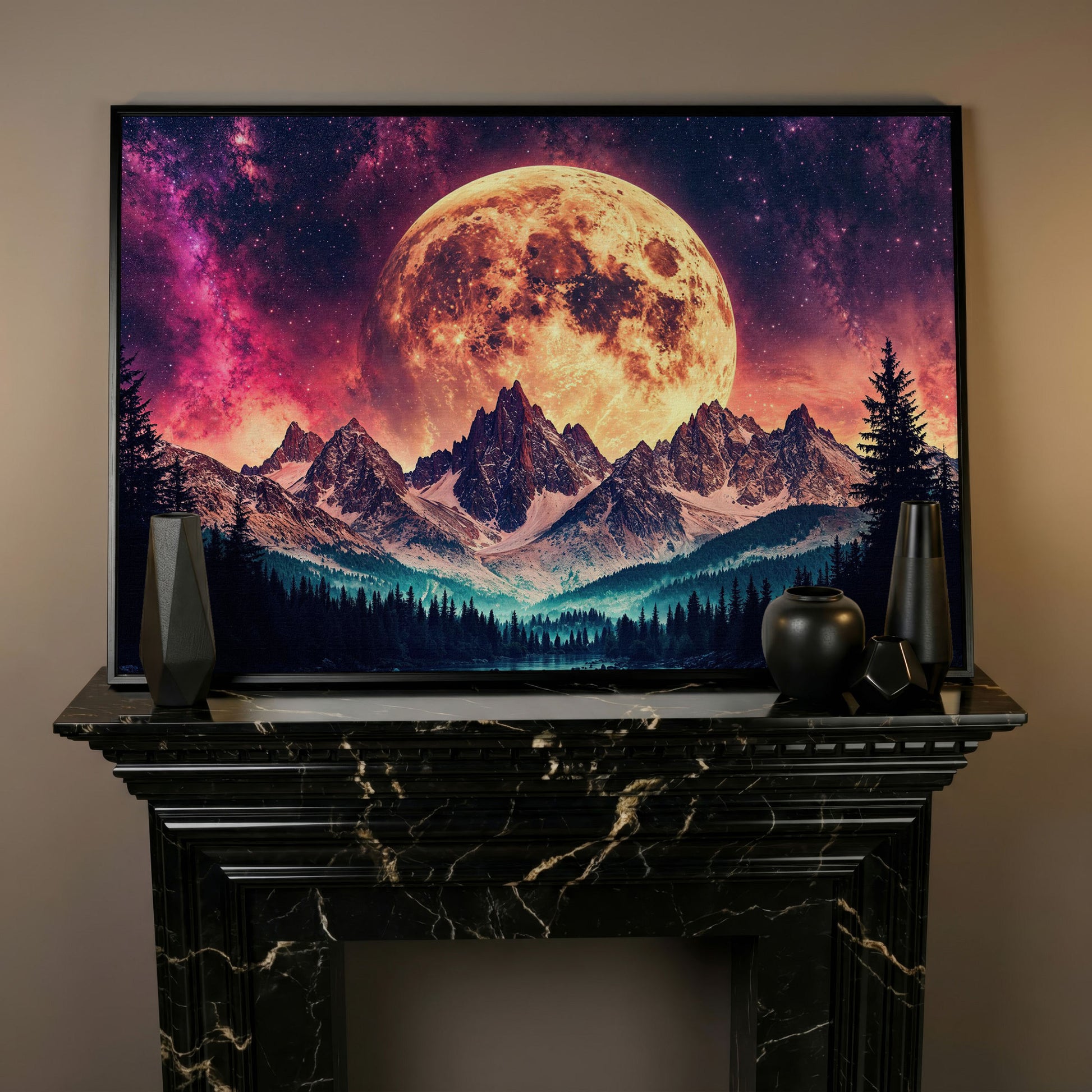 Giant Moon Over Snowy Forest and River, Surreal Night Sky Canvas Art in black floating frame