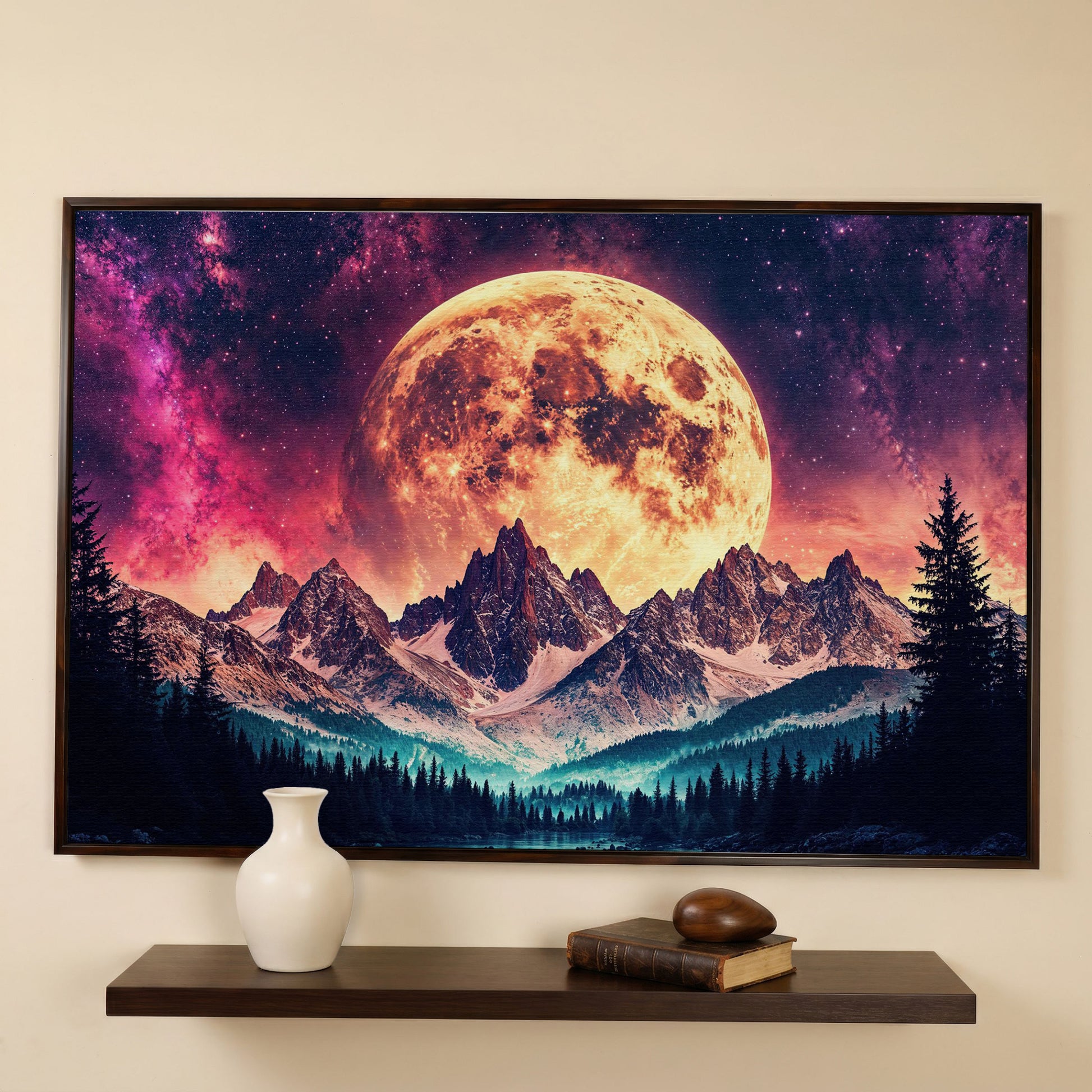Giant Moon Over Snowy Forest and River, Surreal Night Sky Canvas Art in dark walnut floating frame