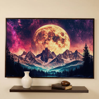 Giant Moon Over Snowy Forest and River, Surreal Night Sky Canvas Art in dark walnut floating frame